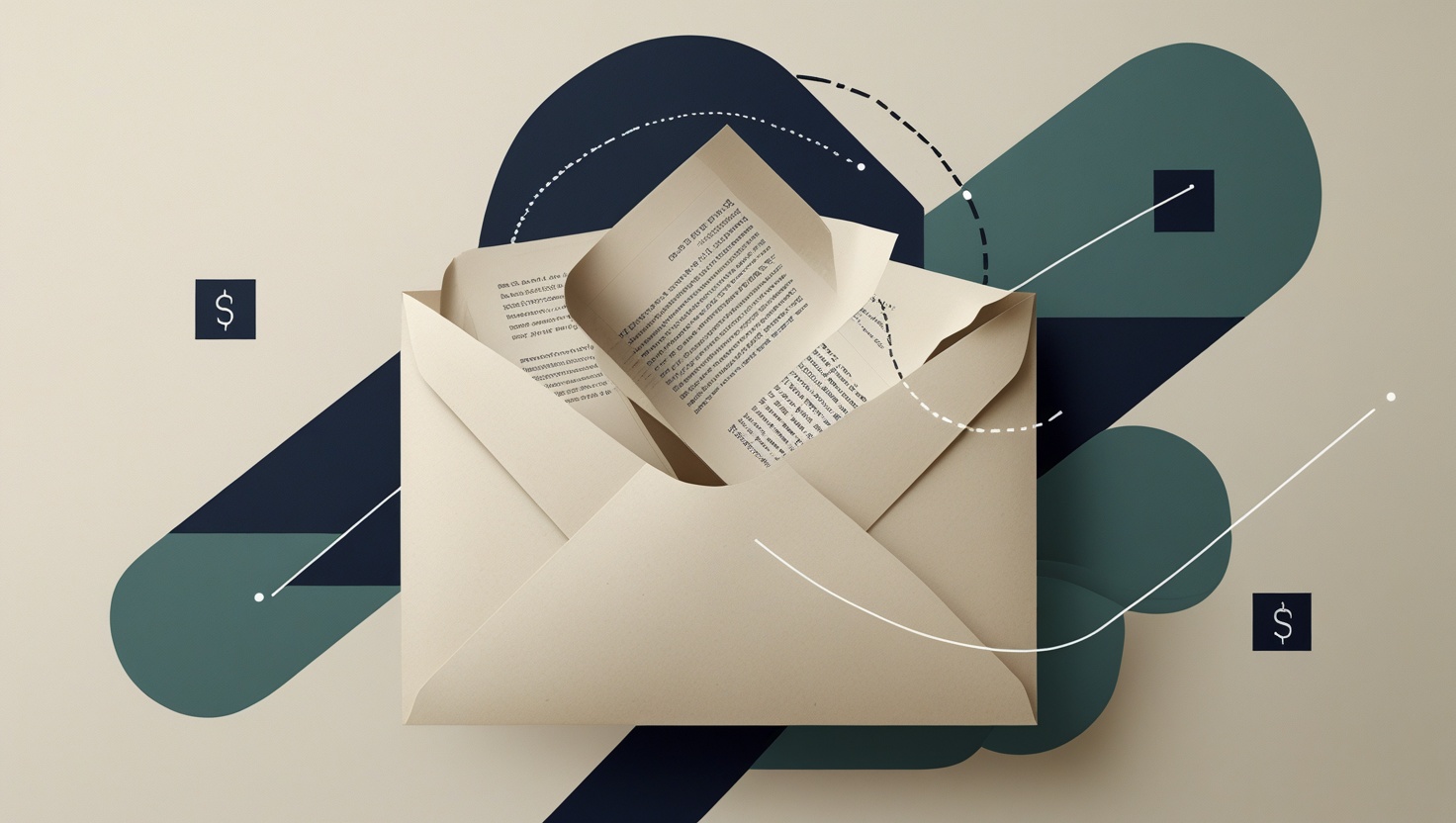 Illustration of an envelope opening with brief pages and meridian route lines